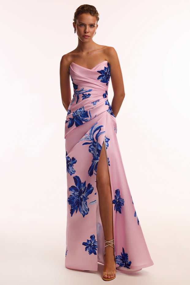 Strapless pink maxi dress with blue-flowered pattern, Glow-Up