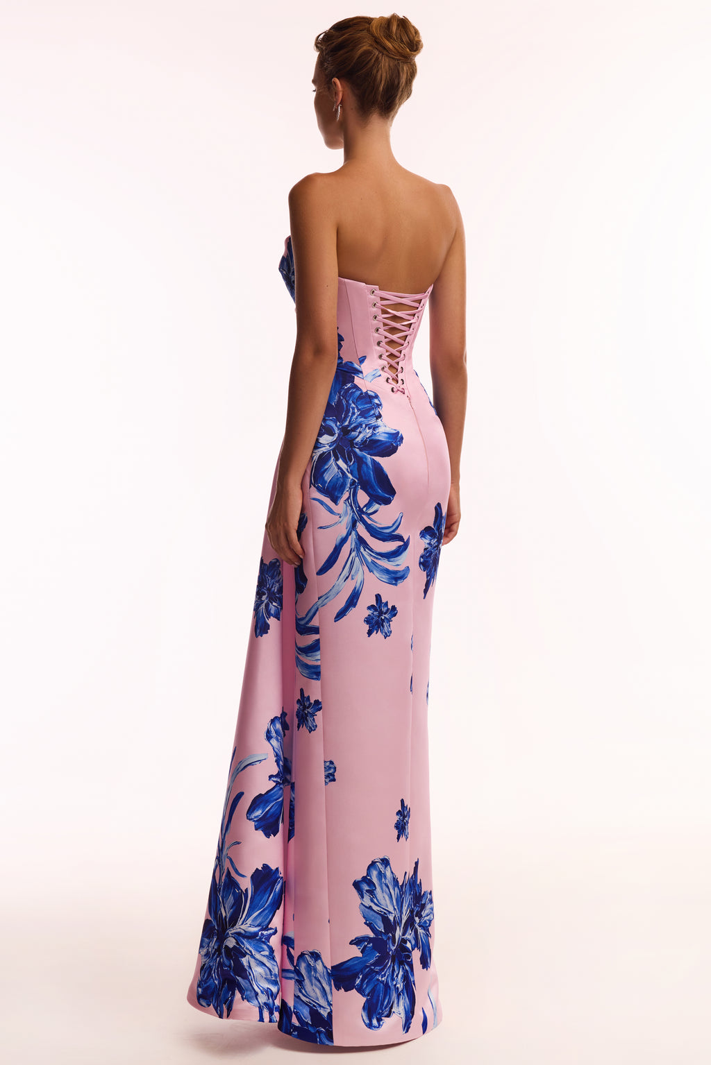 Strapless pink maxi dress with blue-flowered pattern, Glow-Up