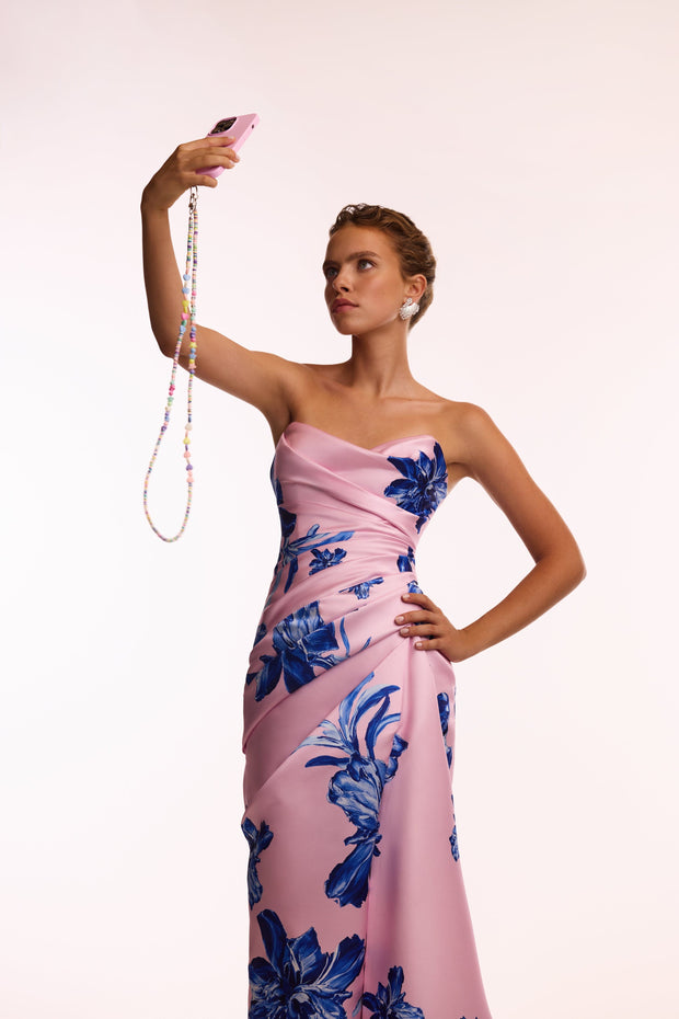 Strapless pink maxi dress with blue-flowered pattern, Glow-Up