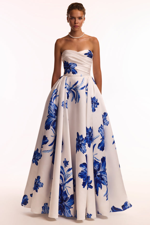 Wonderful white A-line maxi dress with blue flowers, Glow-Up