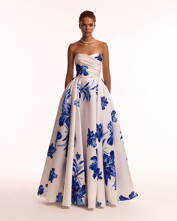 Wonderful white A-line maxi dress with blue flowers, Glow-Up