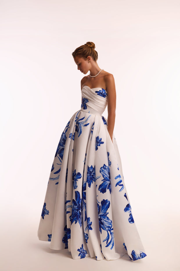 Wonderful white A-line maxi dress with blue flowers, Glow-Up