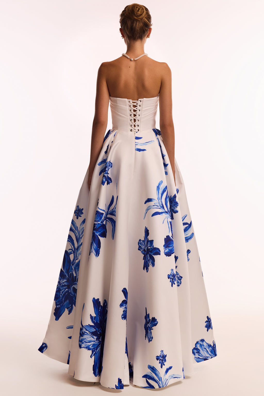 Wonderful white A-line maxi dress with blue flowers, Glow-Up