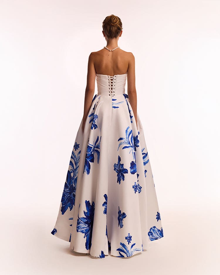 Wonderful white A-line maxi dress with blue flowers, Glow-Up