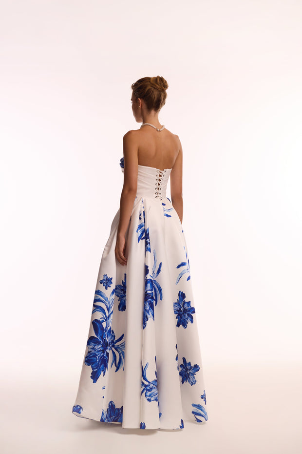 Wonderful white A-line maxi dress with blue flowers, Glow-Up