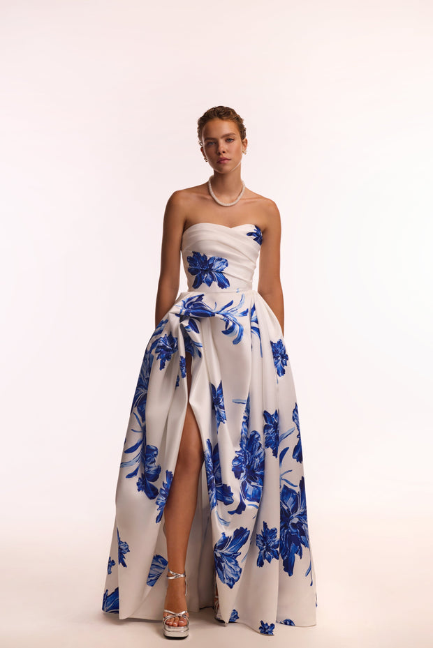 Wonderful white A-line maxi dress with blue flowers, Glow-Up