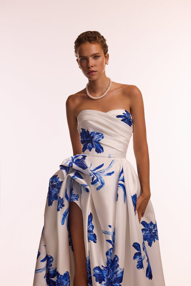 Wonderful white A-line maxi dress with blue flowers, Glow-Up