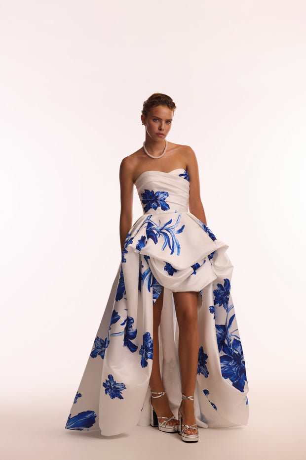 Wonderful white A-line maxi dress with blue flowers, Glow-Up