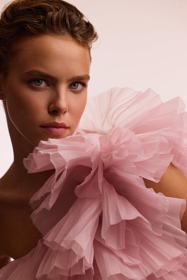 Flirty ruffled one-shoulder organza pink top