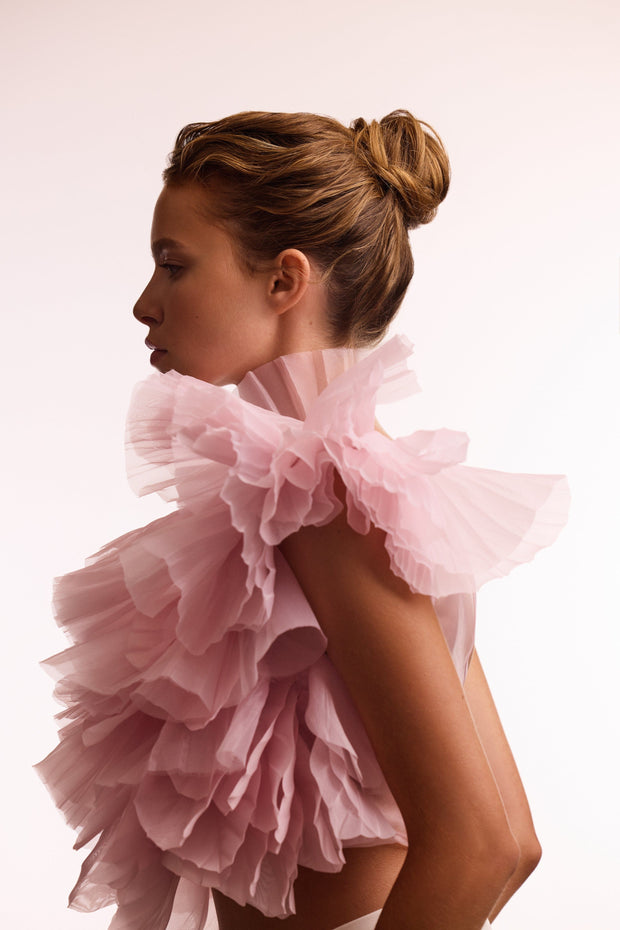 Flirty ruffled one-shoulder organza pink top