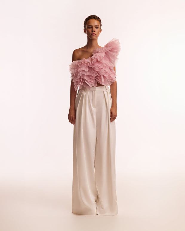 Flirty ruffled one-shoulder organza pink top