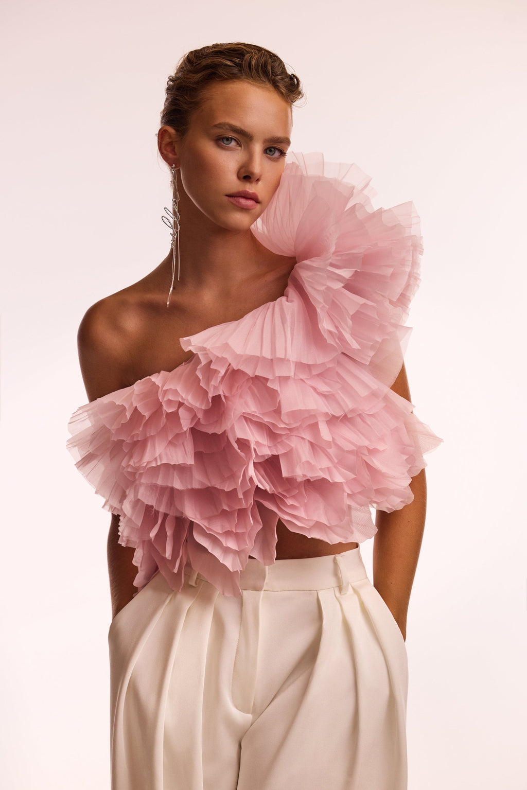 Flirty ruffled one-shoulder organza pink top