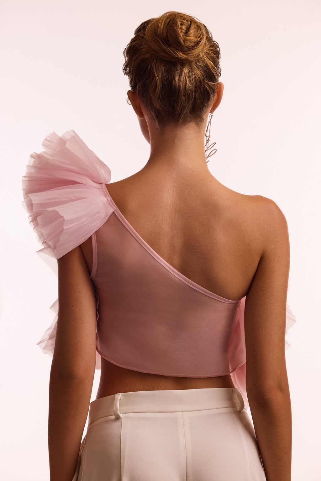 Flirty ruffled one-shoulder organza pink top, Midnight Walk