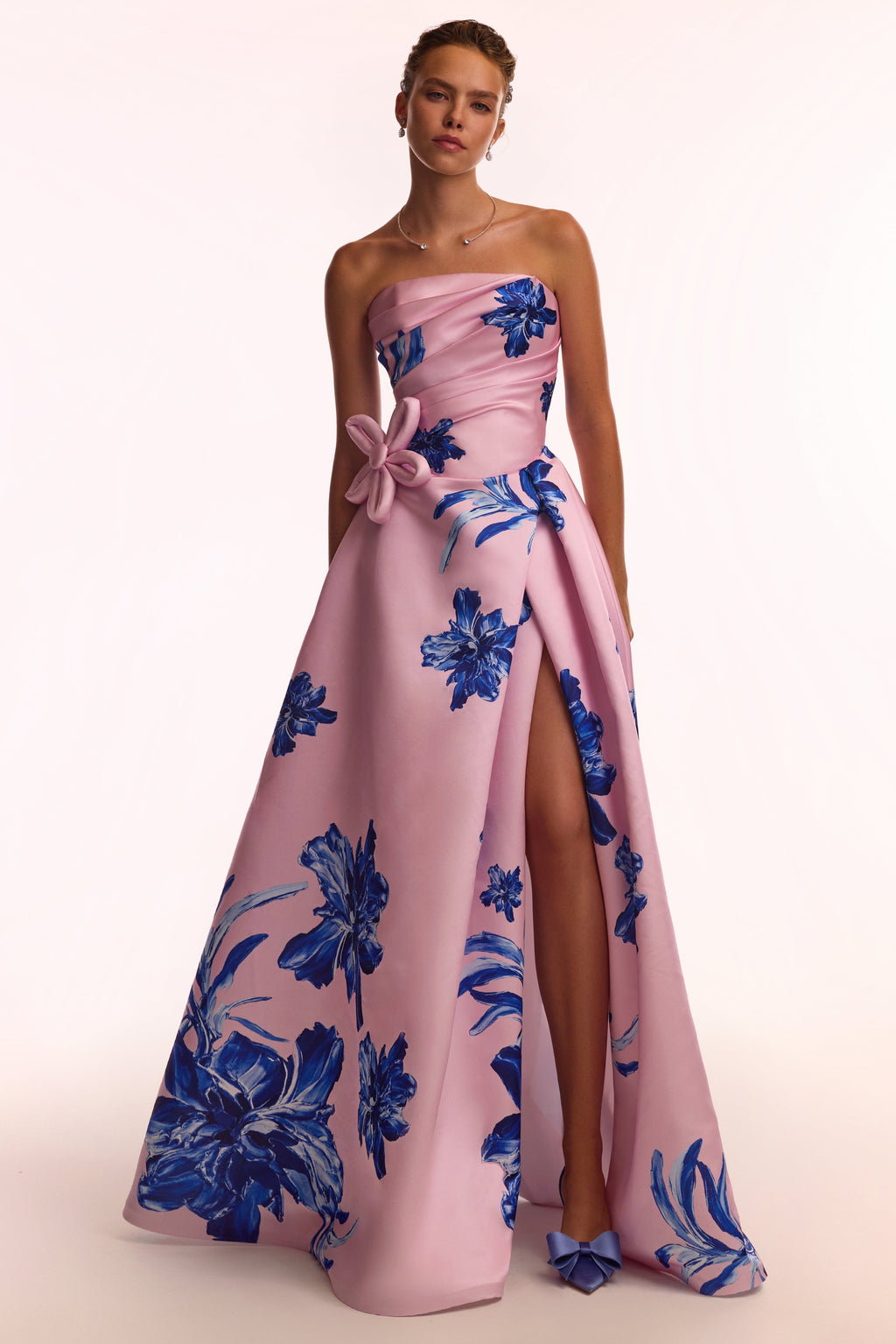 Dainty pink A-line maxi dress with blue-flowered pattern, Glow-Up