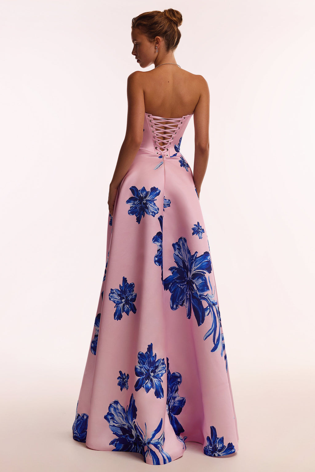 Dainty pink A-line maxi dress with blue-flowered pattern, Glow-Up