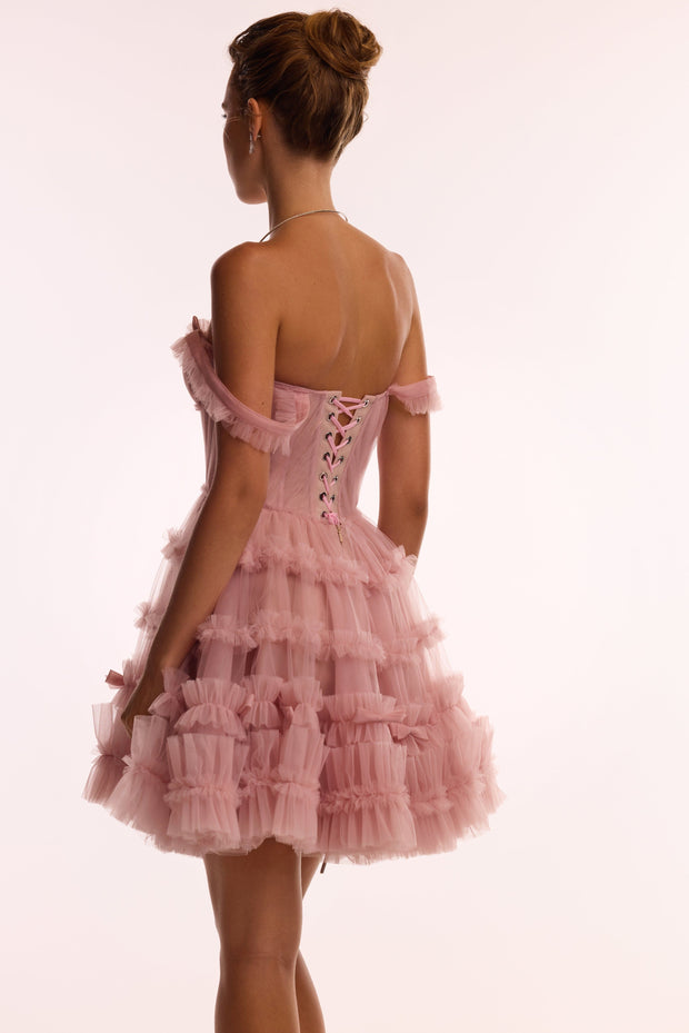 Flirty ruffled tulle mini dress in misty rose, Glow-Up