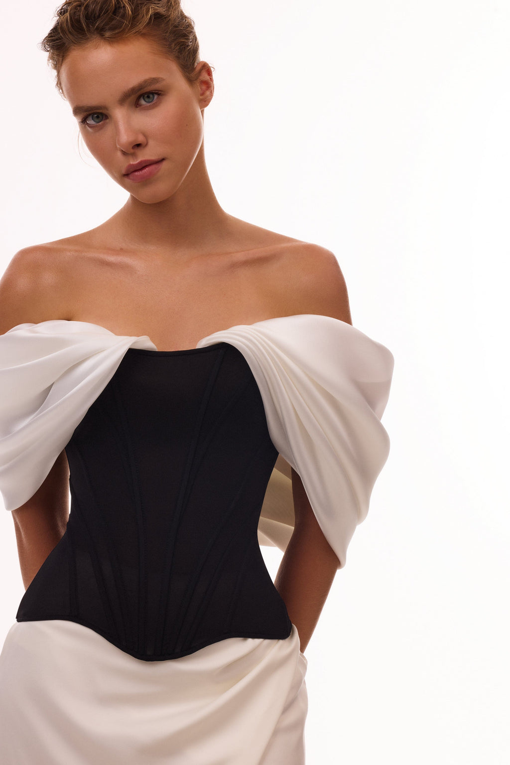 Sophisticated black fitted corset with white satin off-the-shoulder sleeves, Midnight Walk