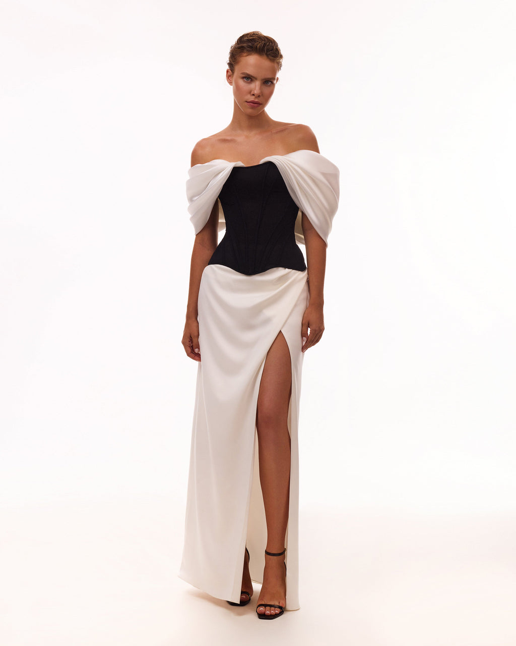 Sophisticated black fitted corset with white satin off-the-shoulder sleeves, Midnight Walk
