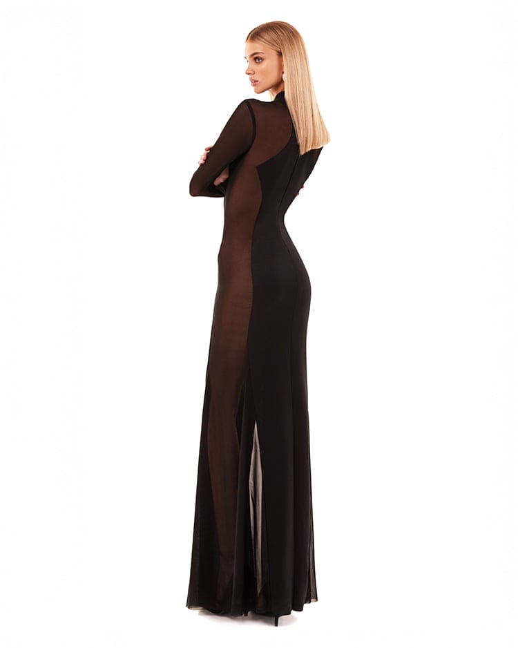 Showstopper black dress with semi-transparent inserts