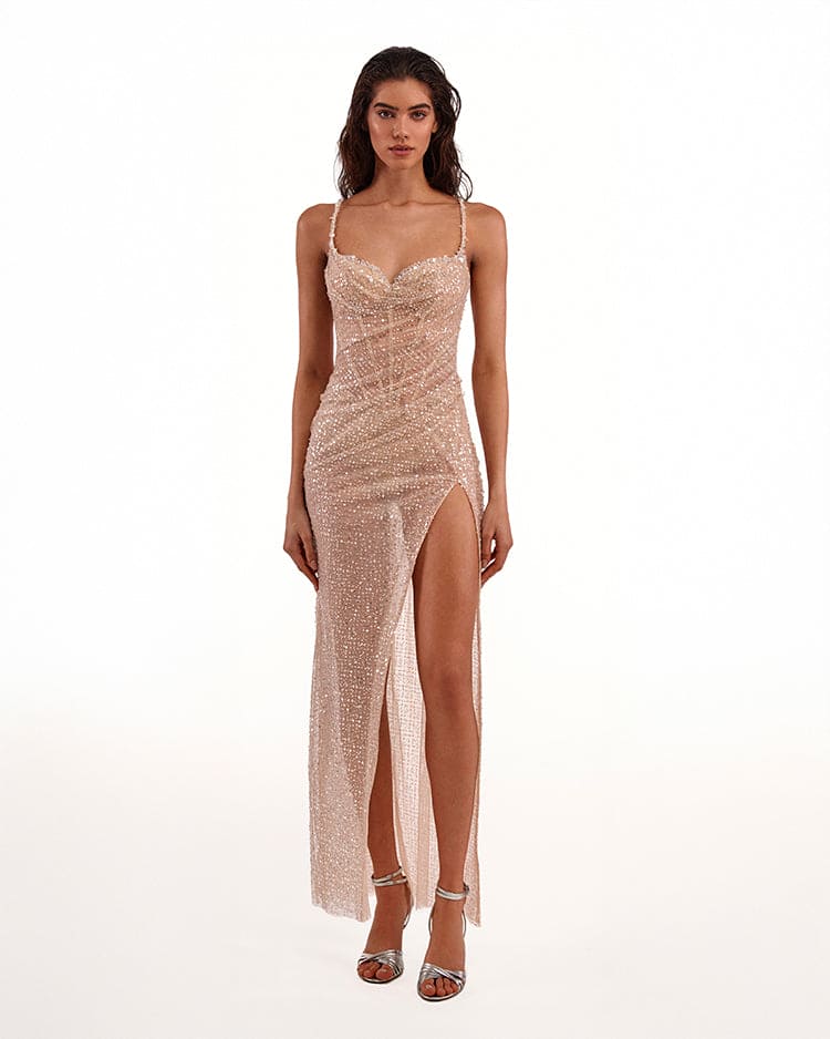 Sensational champagne gold crystal-embellished maxi dress on spaghetti straps
