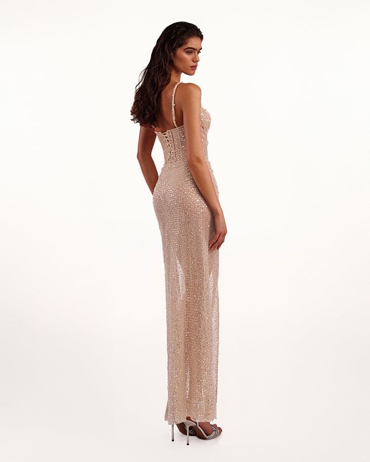 Sensational champagne gold crystal-embellished maxi dress on spaghetti straps