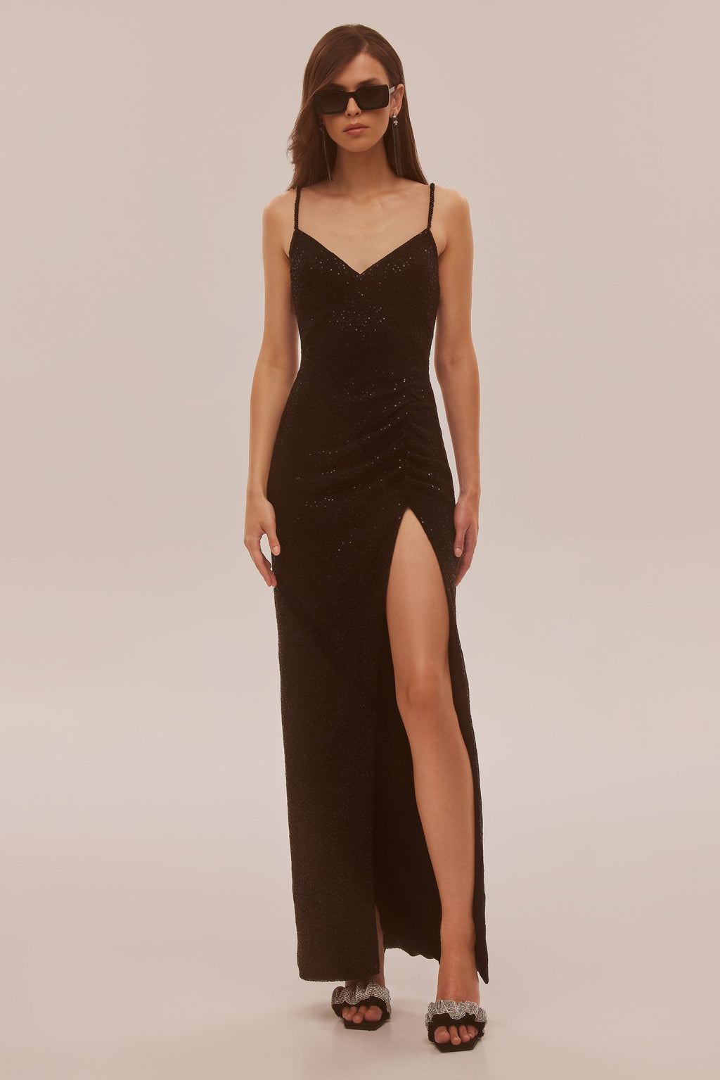 Spectacular sequined maxi gown on long spaghetti straps