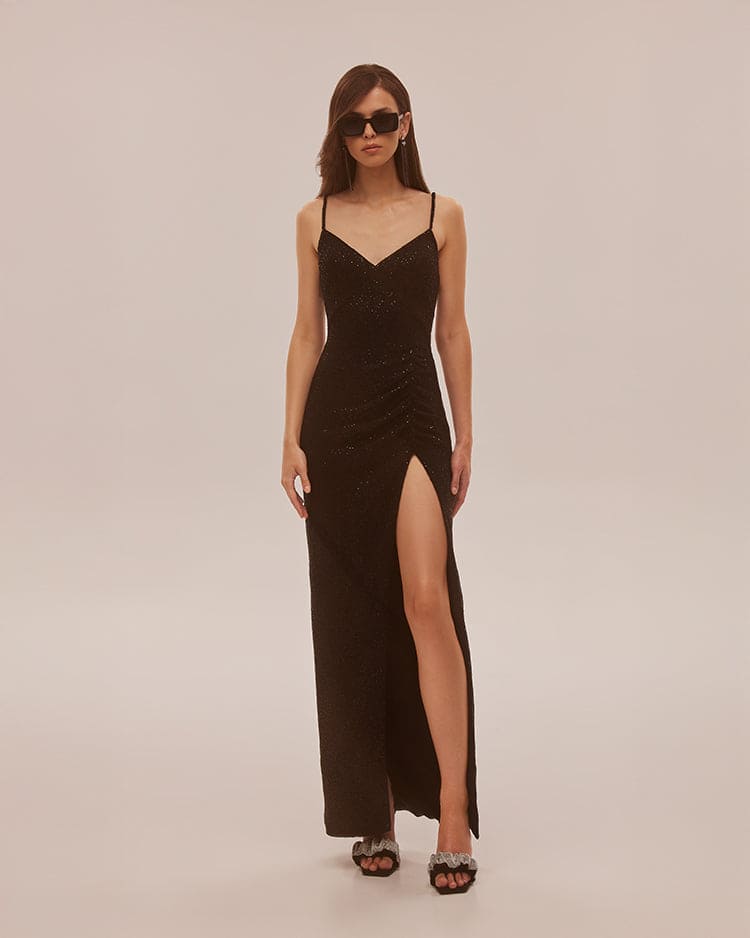 Spectacular sequined maxi gown on long spaghetti straps