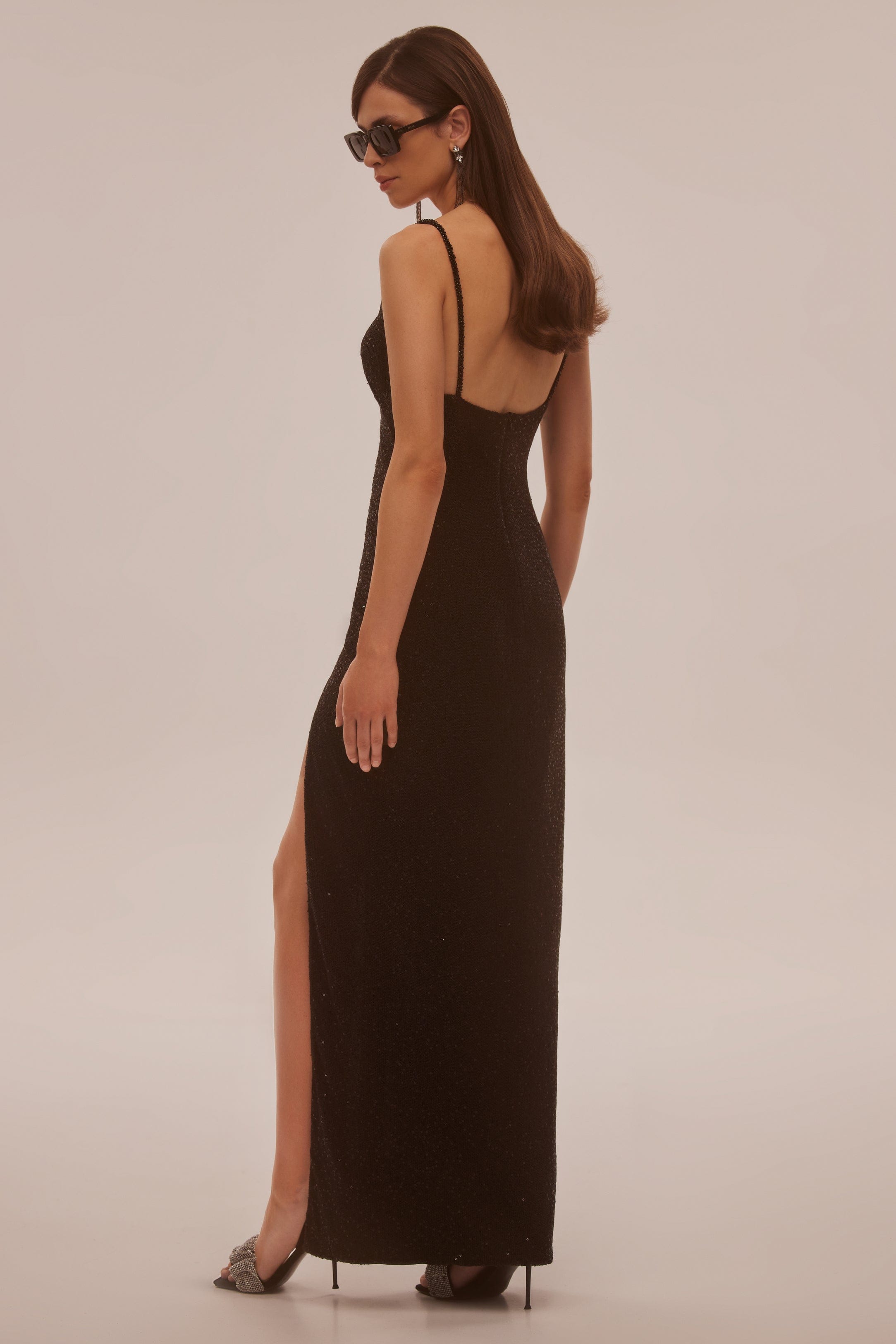 SHEIN SXY Plus Size Sequin Decorated Asymmetrical Neckline Fashion Maxi  Dress With Side Slits