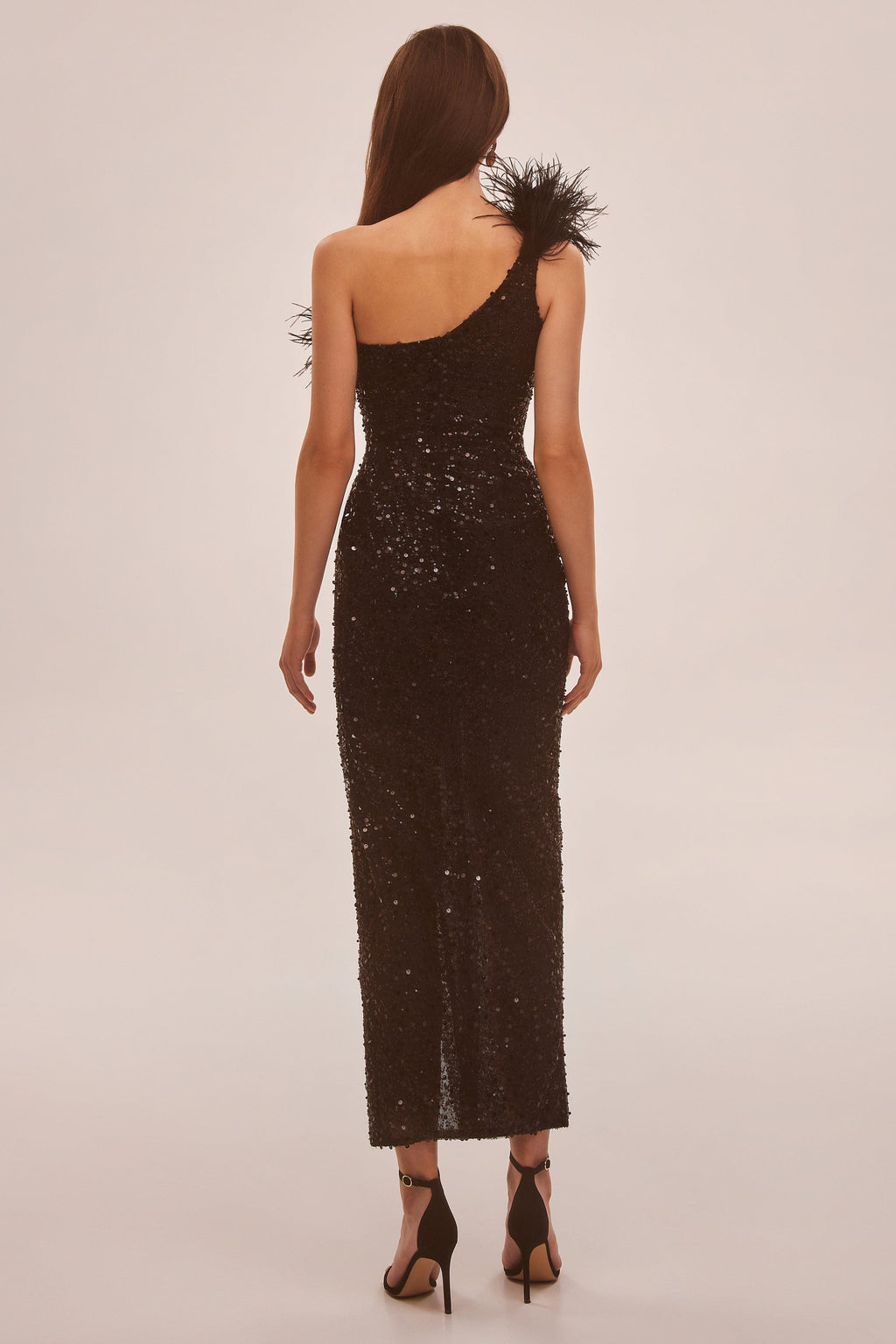 Striking one-shoulder maxi dress with feathers and sequins