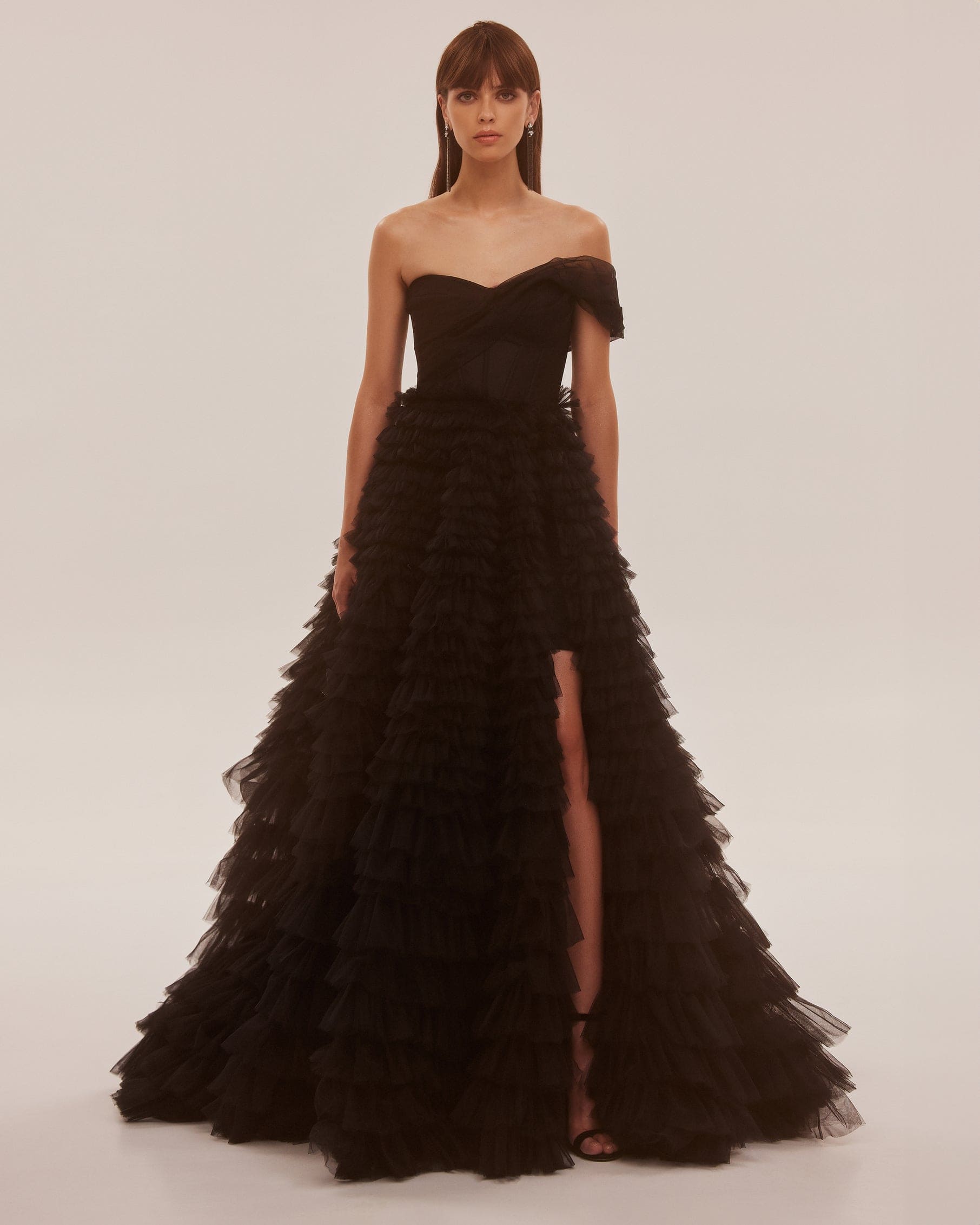 Timeless one-shoulder frill-layered ball gown in black Milla Dresses ...