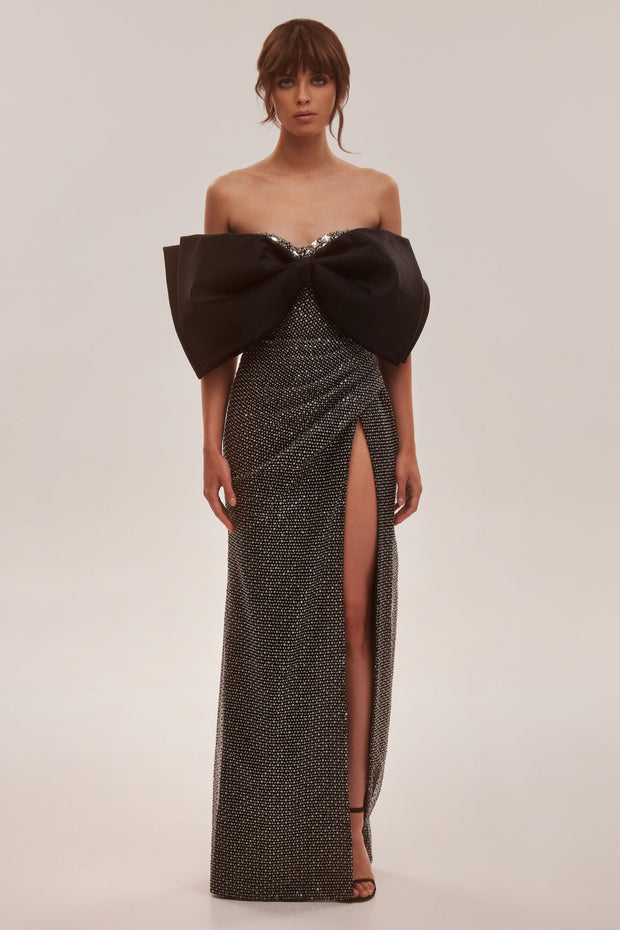 Mesmerizing big bow maxi gown covered in rhinestones