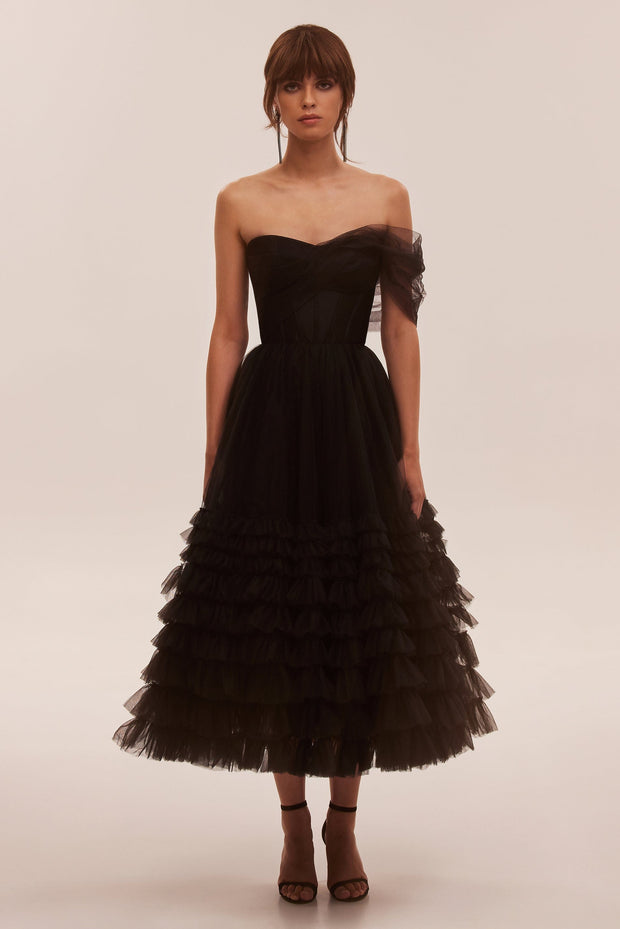 Cute one-shoulder frill-layered midi dress in black