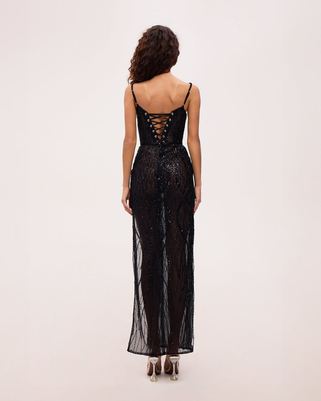 Astonishing sequined maxi gown on spaghetti straps