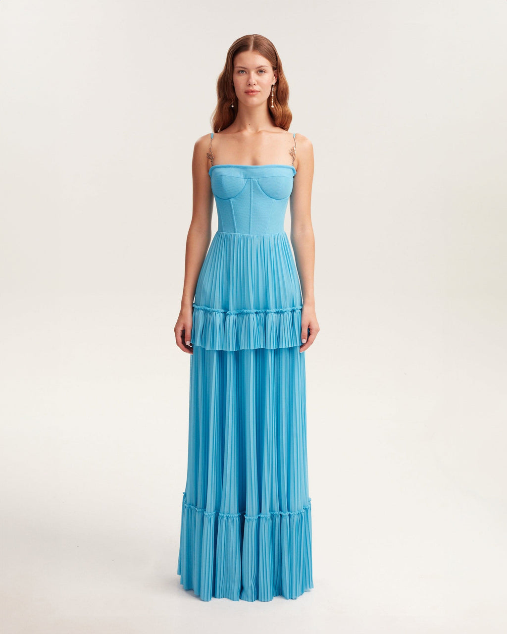 Sky-blue spaghetti strap pleated maxi dress, Garden of Eden
