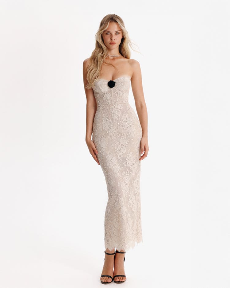 Nude lace corset maxi dress