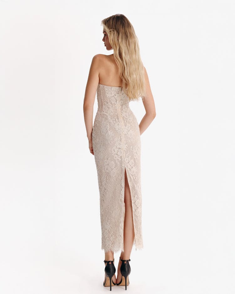 Nude lace corset maxi dress