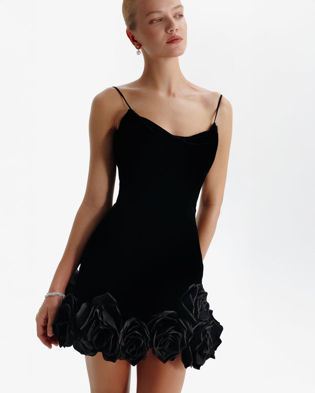 Black velvet mini dress with 3D flowers