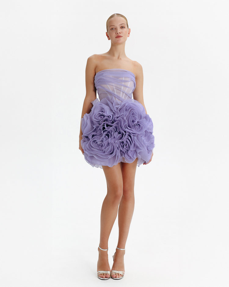 Appliquéd organza lavender mini dress