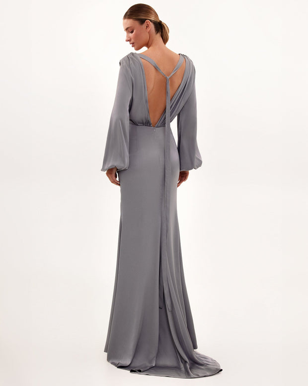 Fancy silver silk maxi evening dress