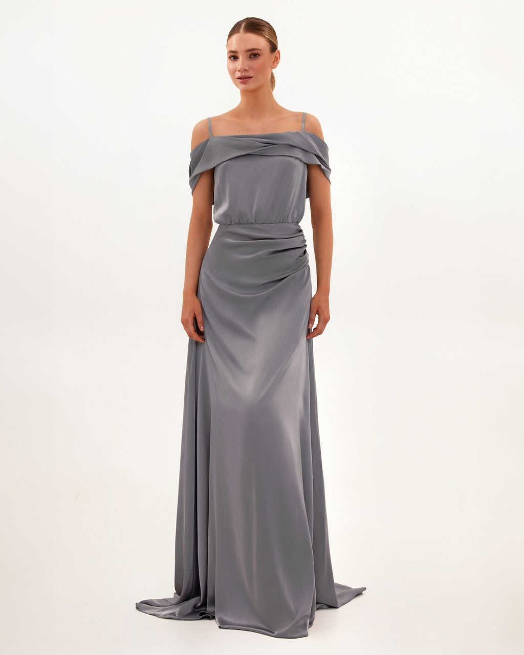 Elegant silver off-the-shoulder silk maxi dress
