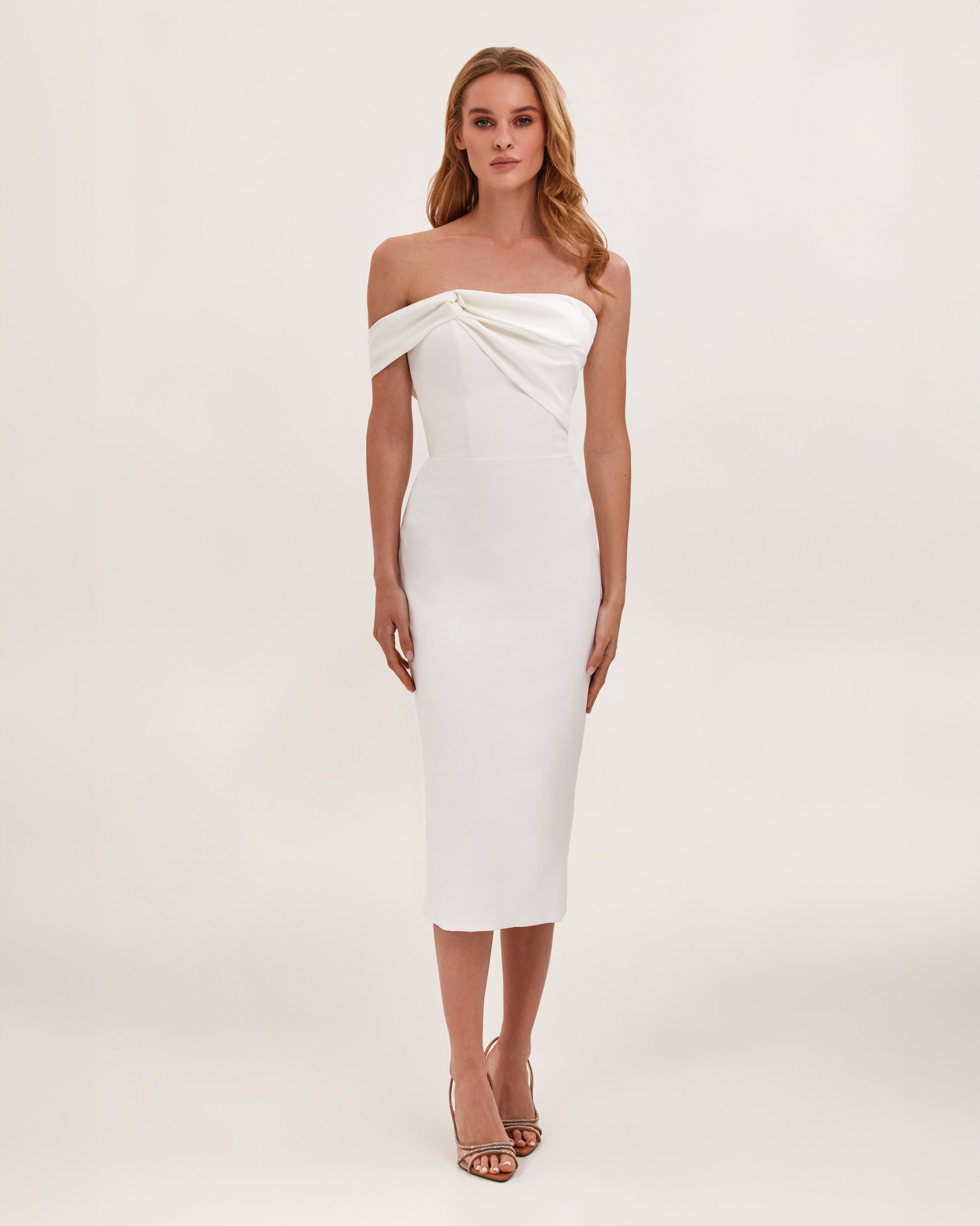 White Classy midi dress with open neckline