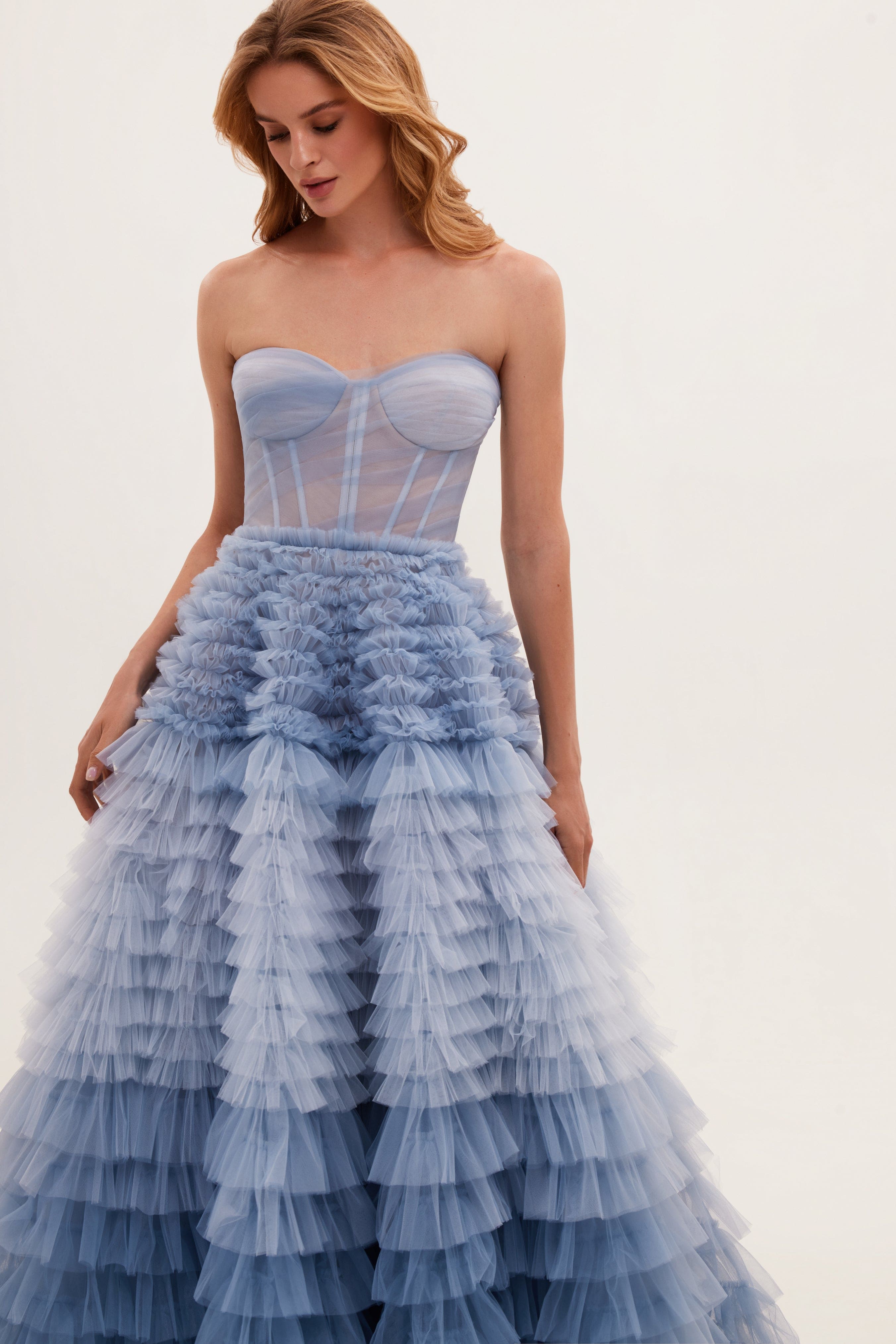 Light Blue Strapless Frill-Layered Fluffy Dress