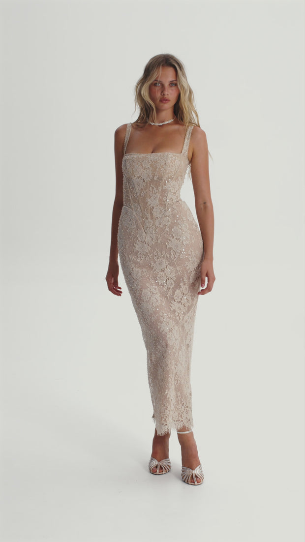 Beige sequinned maxi dress