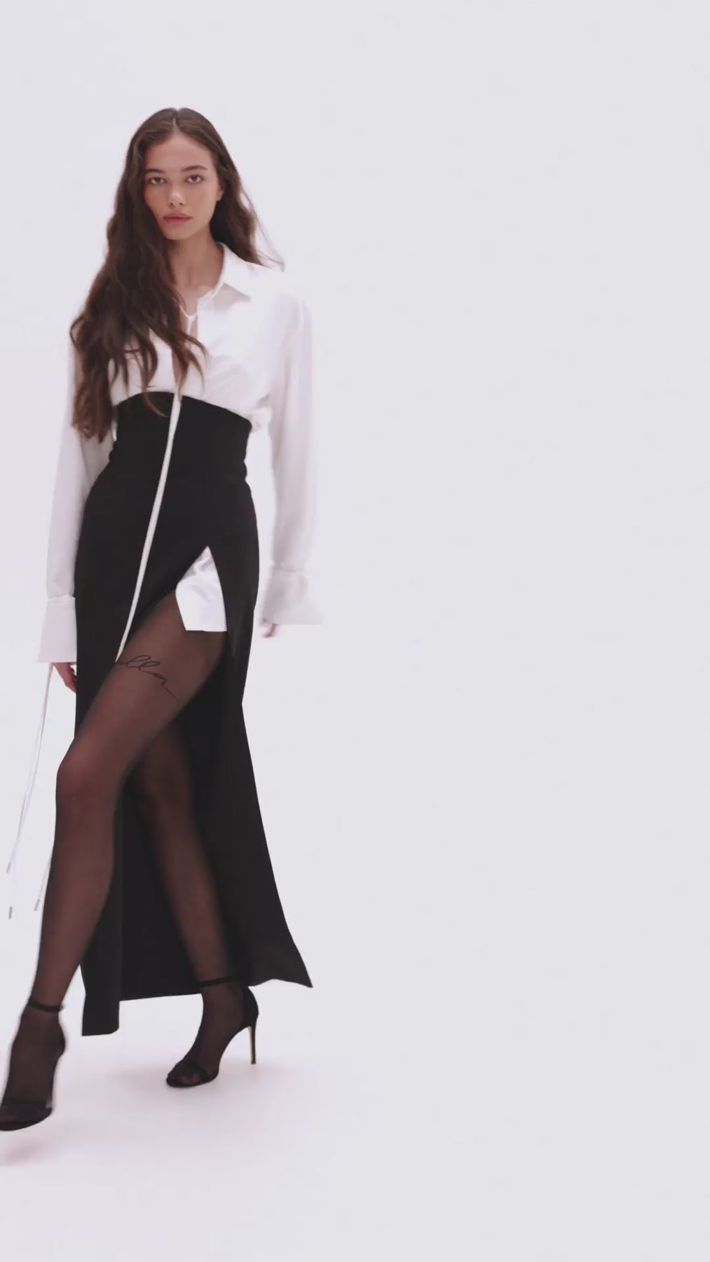 Elegant 3-piece set with white silk blouse, white mini skirt, and black crepe maxi skirt, Xo Xo ...