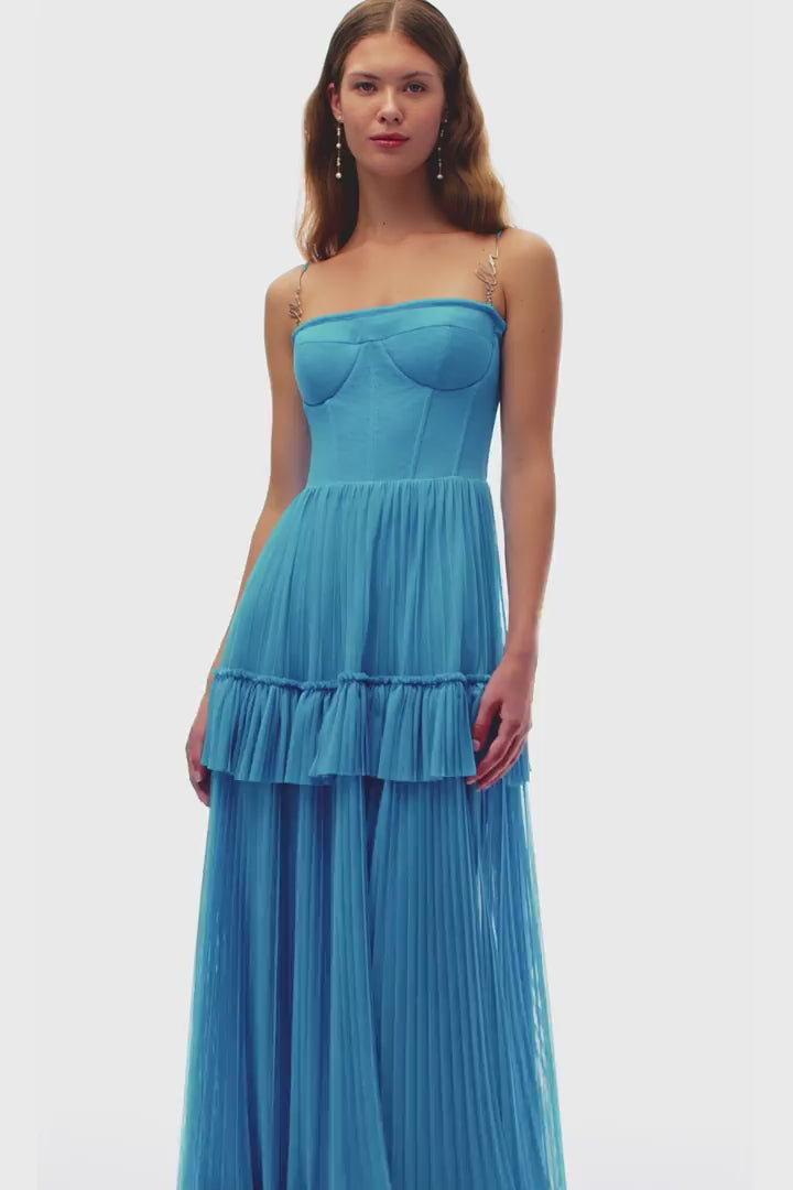 Nicholya Satin Pleated Strapless Maxi Dress in Royal Blue