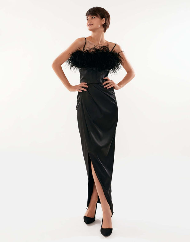 Black Celina Slip Midi Feathered Dress - Milla