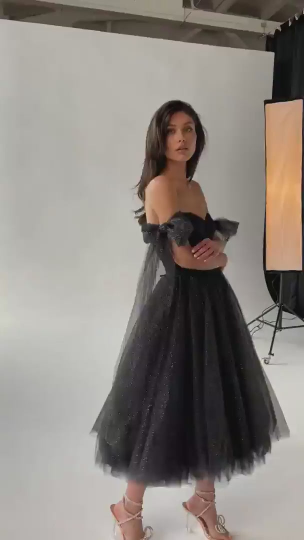 Black Sparkly off-the-shoulder tulle dress