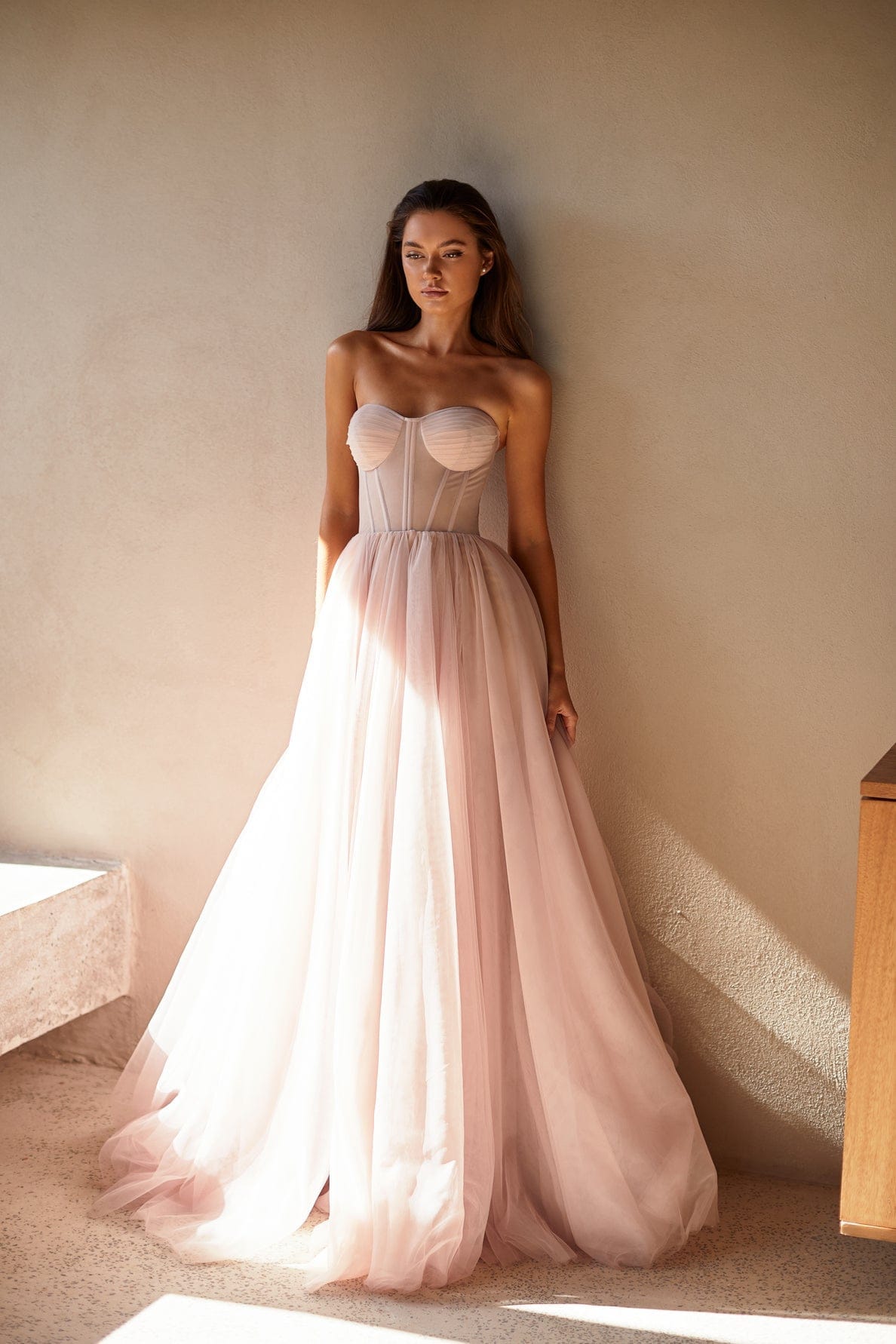 Misty Rose Tulle Maxi Dress with a Corset Bustier ➤➤ Milla Dresses - USA,  Worldwide delivery