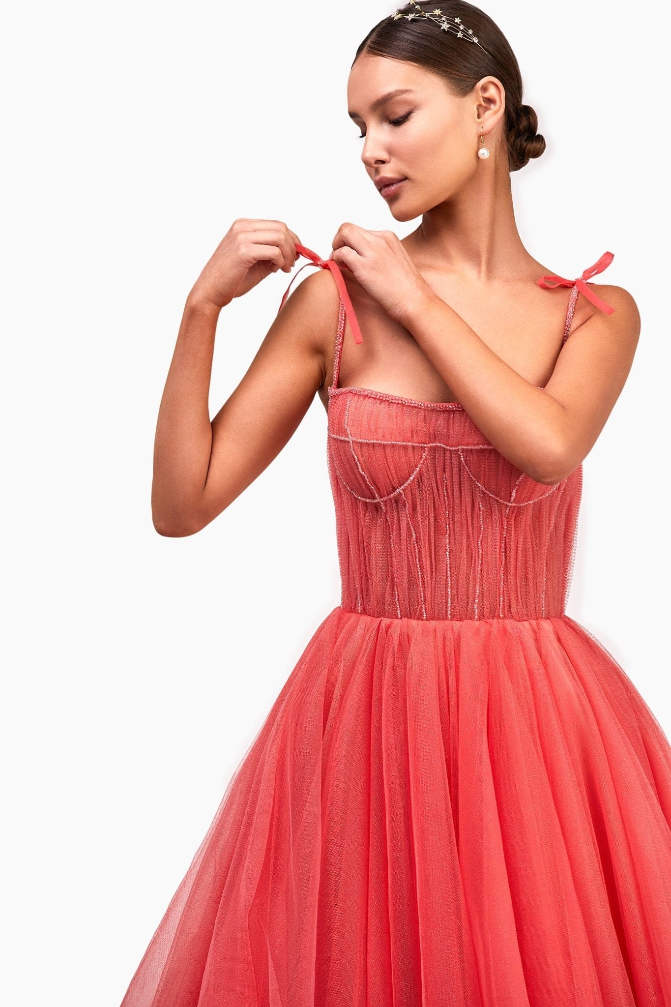 Coral Tie-strap cocktail dress with the elegant corset embroidery ➤➤ Milla  Dresses - USA, Worldwide delivery