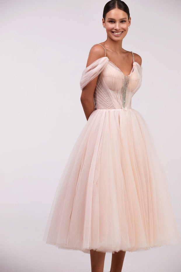 Feminine tulle cocktail dress with the light off-the-shoulder sleeves - Milla